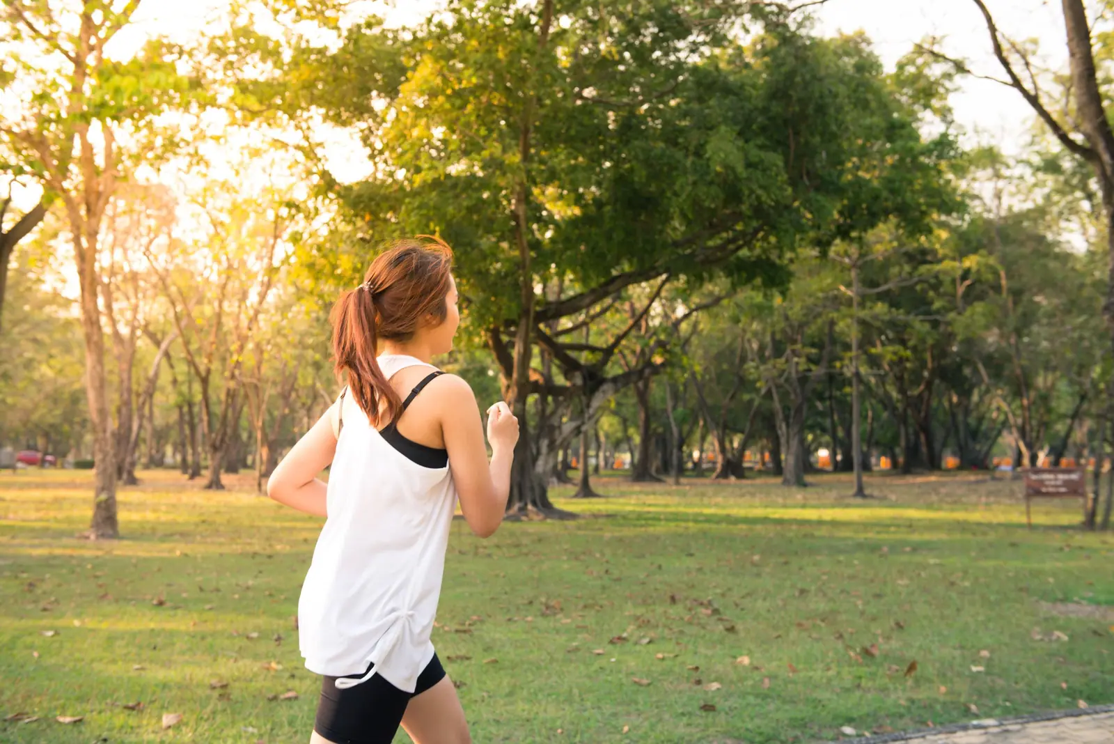 Une femme qui court dans un parc, au soleil du matin